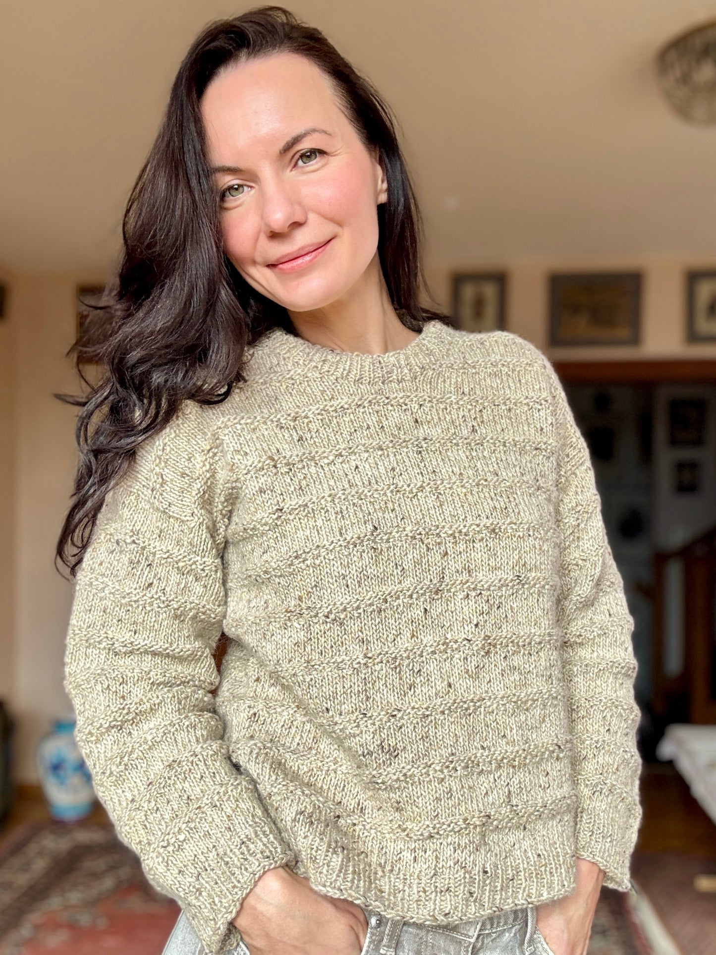 Julia Piro wearing The Artist’s Sweater in beige tweed yarn