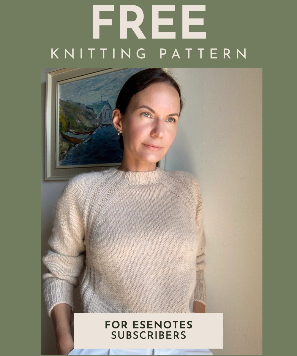 Woman wearing a light beige seamless raglan sweater, standing near a wall. Text reads “FREE Knitting Pattern.”
