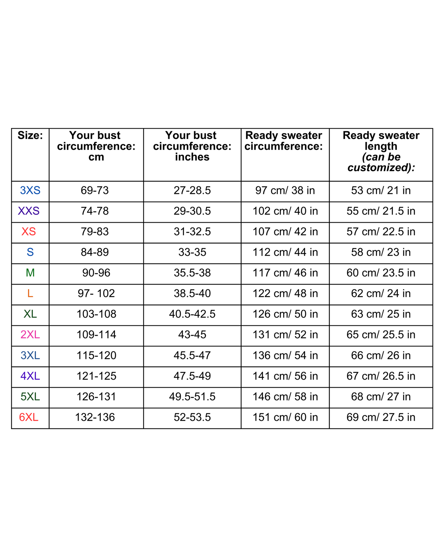Drop in Dream Sweater size chart
