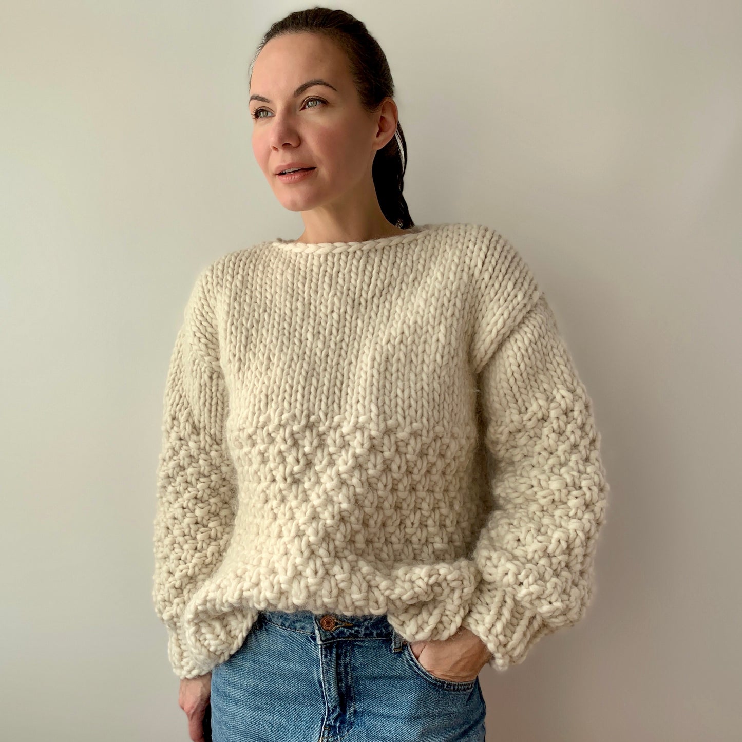 Julia Piro wearing the Frosty Sweater styled with blue jeans