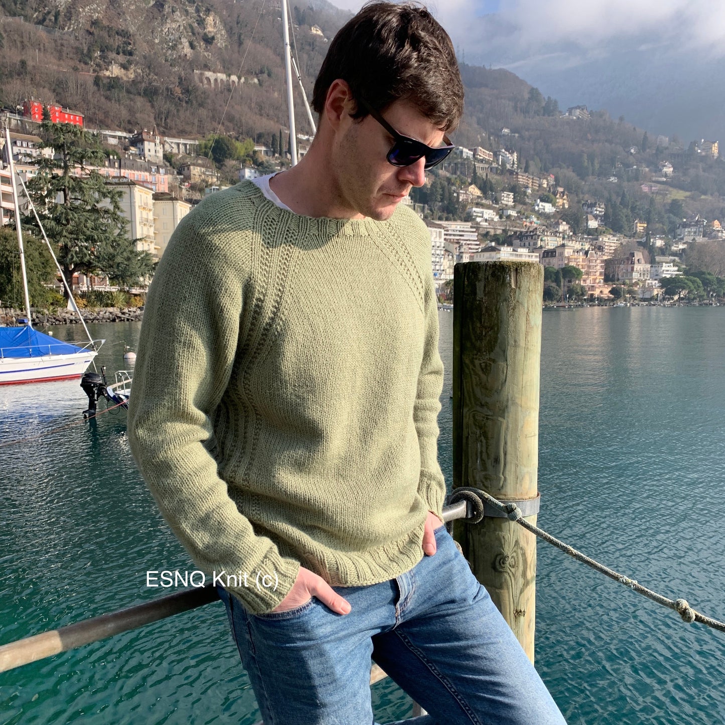 A man His Mellow Mood Sweater in light green.