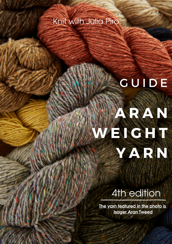 A close-up of several skeins of Aran weight yarn in warm earthy tones, with the text “Aran Weight Yarn Guide” and “Knit with Julia Piro” displayed across the image.