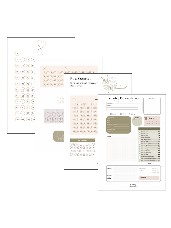 A digital preview of knitting planner pages for a drop shoulder sweater, showing a project planner and row counters in coordinated neutral and pastel tones with clean, modern layouts.