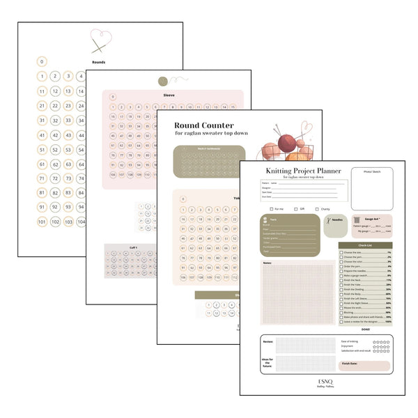 A preview of printable knitting planner pages, including a project planner and round counters designed for a raglan sweater, featuring soft pastel colors and minimalist illustrations.