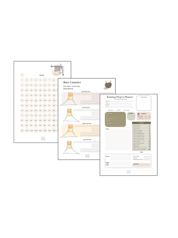 A preview of printable knitting planner freebies for a V-neck top project