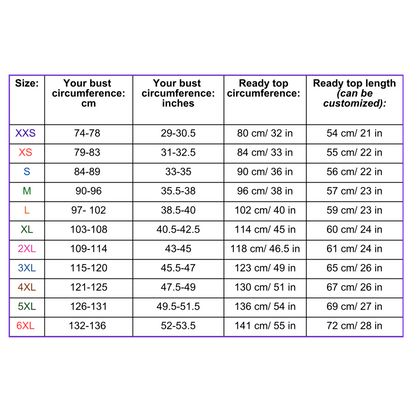 Size chart for the Summer Soul Top showing bust measurements (cm/in), finished top circumference, and customizable top length for sizes XXS to 6XL.