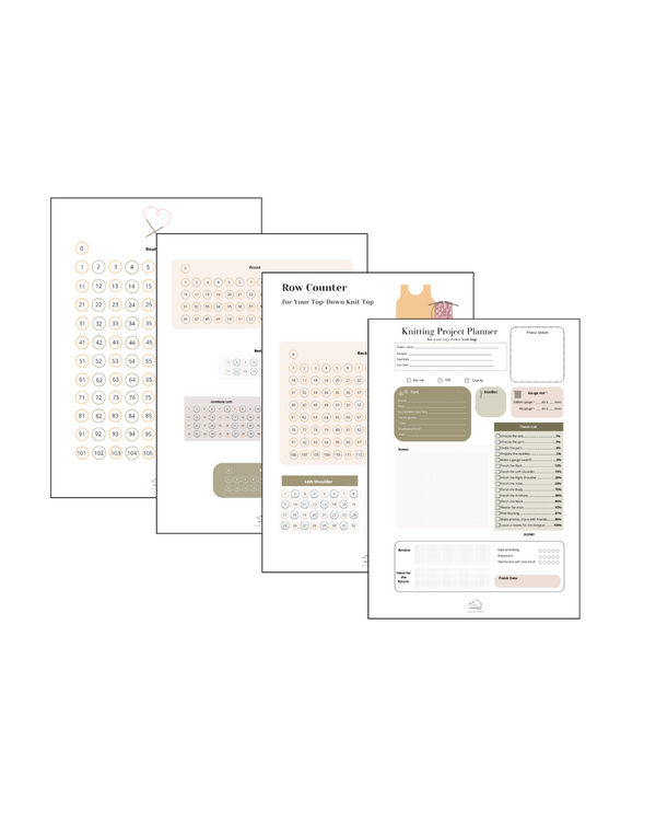 A preview of printable knitting planner pages for a top-down knit top, featuring a project planner and row counters with minimalist pastel designs and organized layouts for tracking progress.